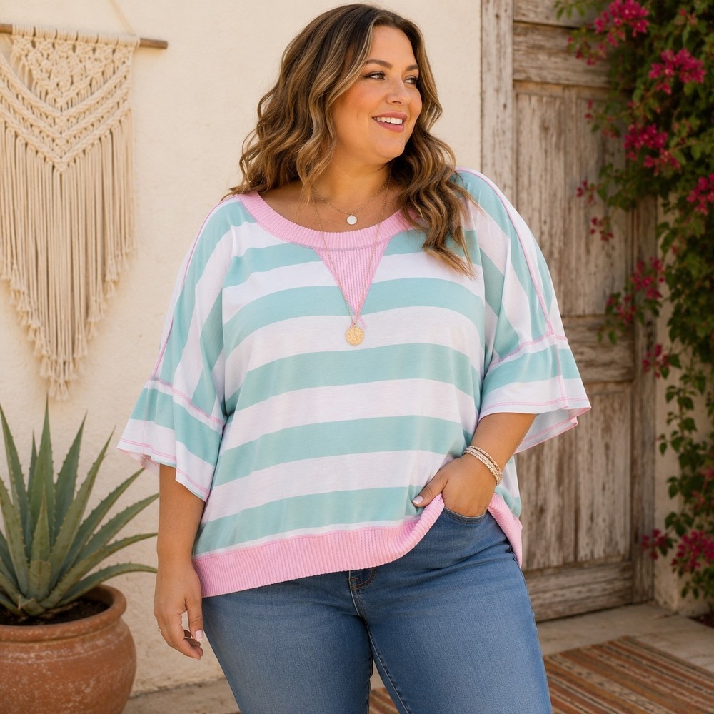 Haptics Boho Ruffled Top Women's 2X Pink Blue Striped Coastal Beach Ruffled Sl